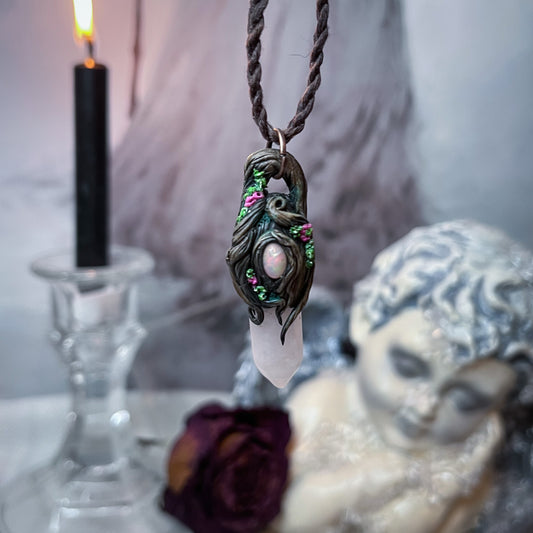 Rose quartz & Opal floral forest pendant