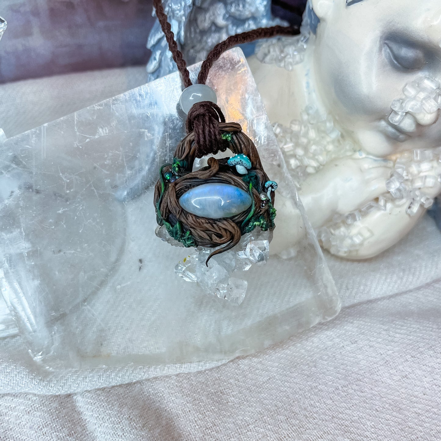 Apopholite & Moonstone mushroom forest pendant