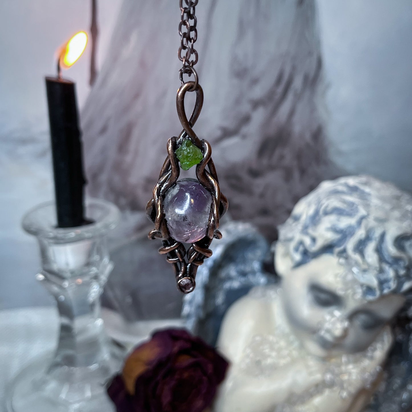 "Spiritual Harmony" Amethyst and Peridot Copper electro-formed Pendant