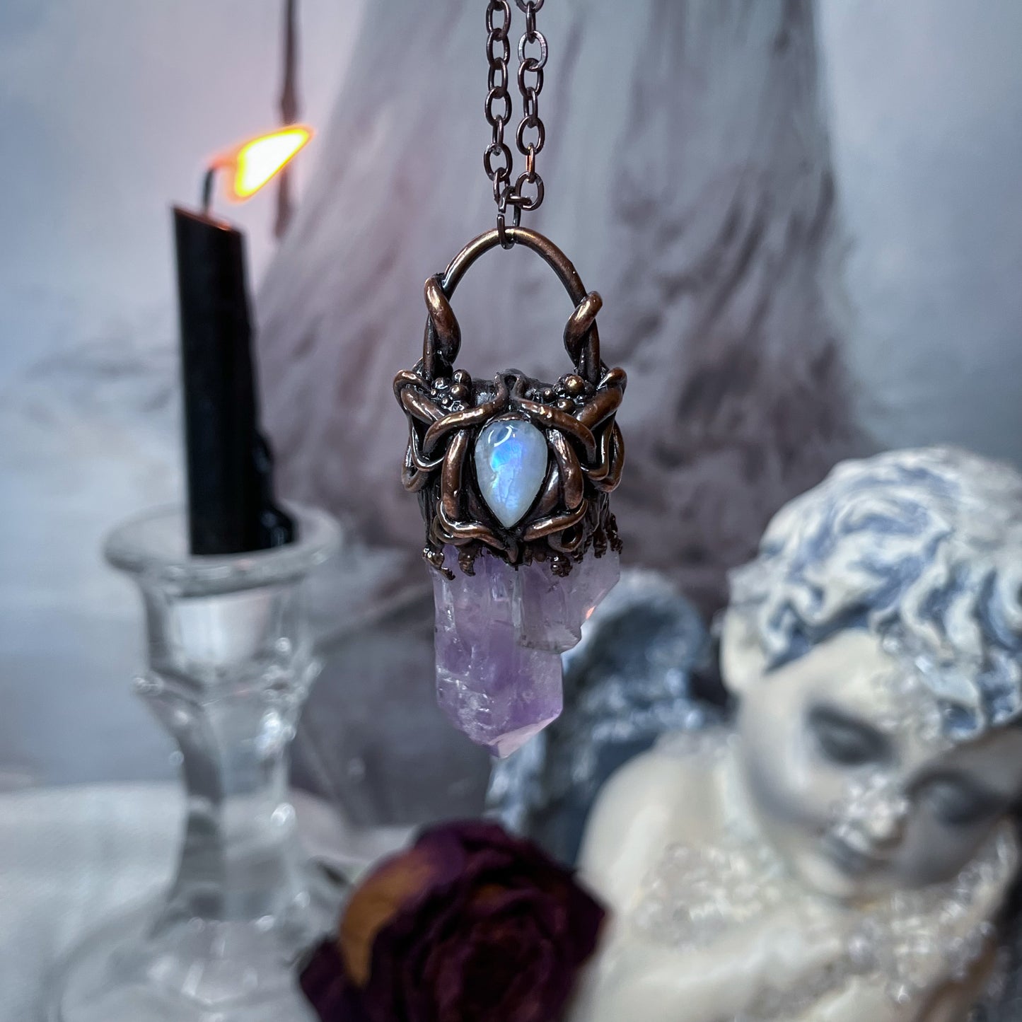 "High Priestess" Amethyst and Moonstone Copper electro-formed Pendant