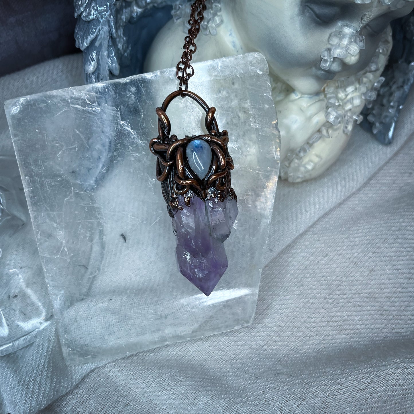 "High Priestess" Amethyst and Moonstone Copper electro-formed Pendant