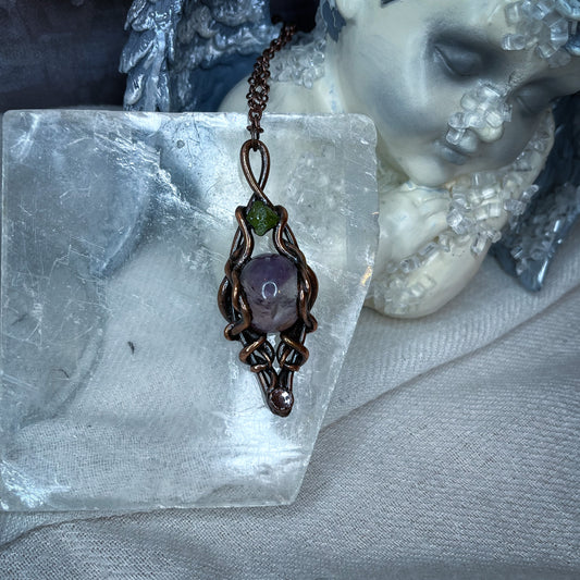 "Spiritual Harmony" Amethyst and Peridot Copper electro-formed Pendant