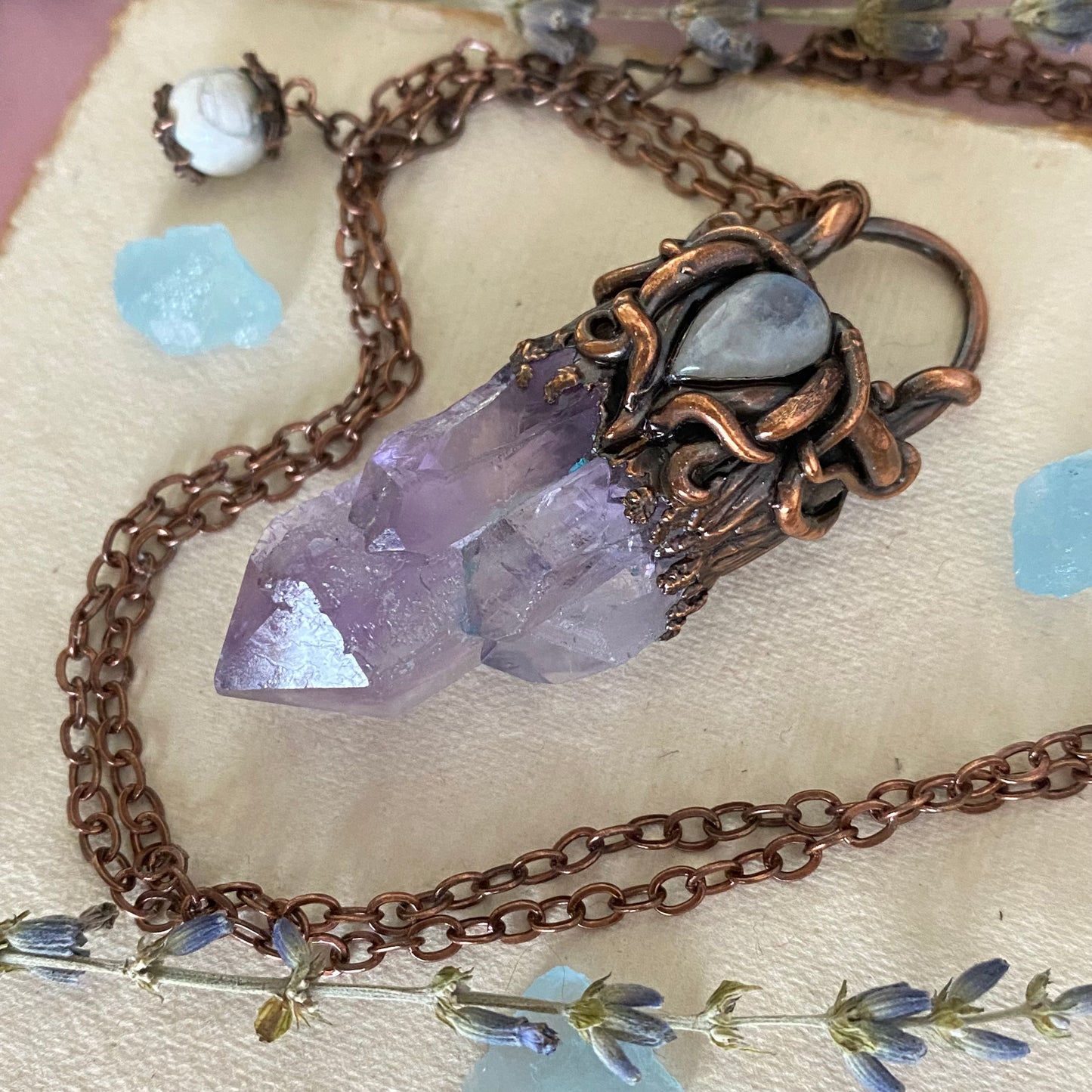 "High Priestess" Amethyst and Moonstone Copper electro-formed Pendant