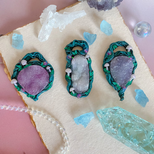 Druzy Agate Mystical Night Forest Mushroom Pendants