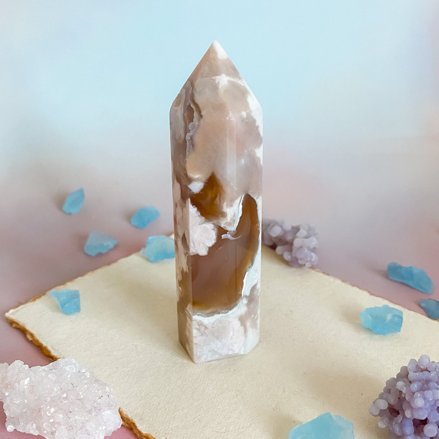 Tan & Amber color Flower Agate tower