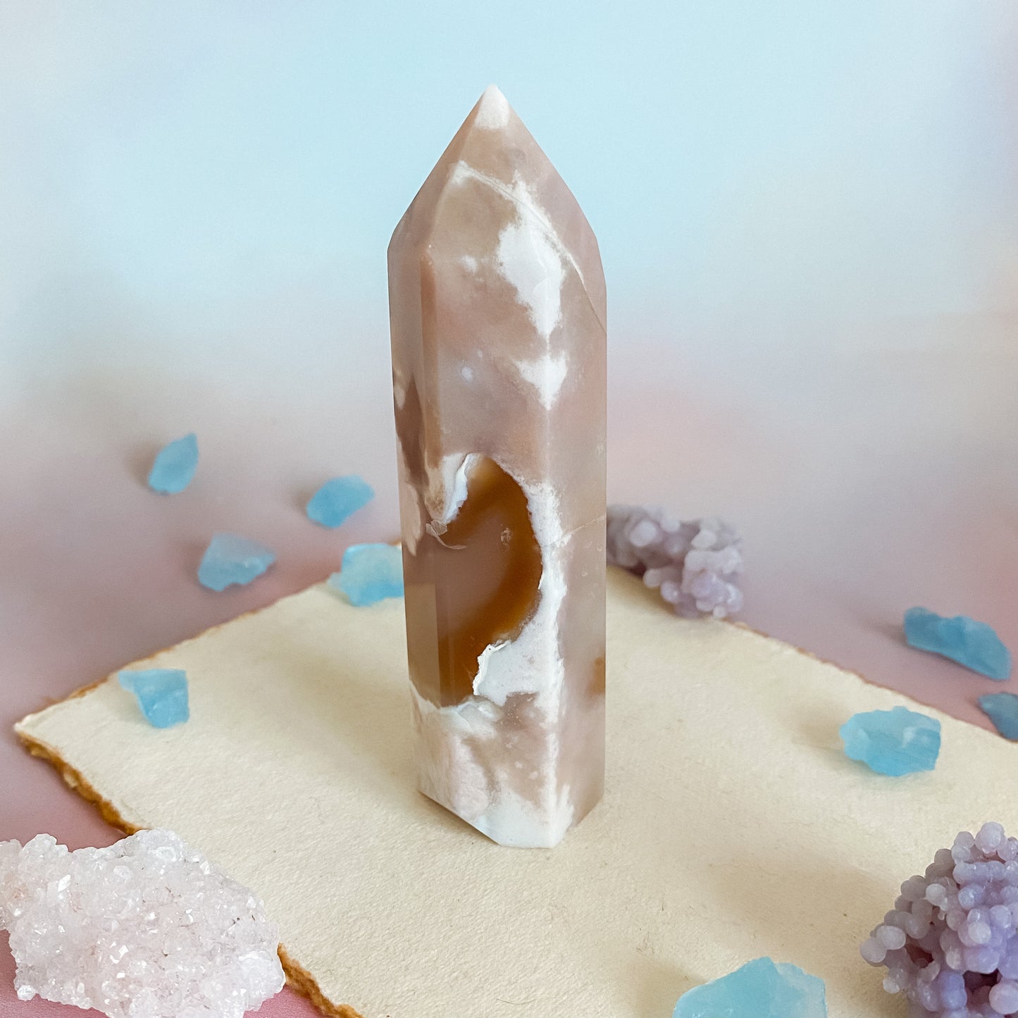 Tan & Amber color Flower Agate tower