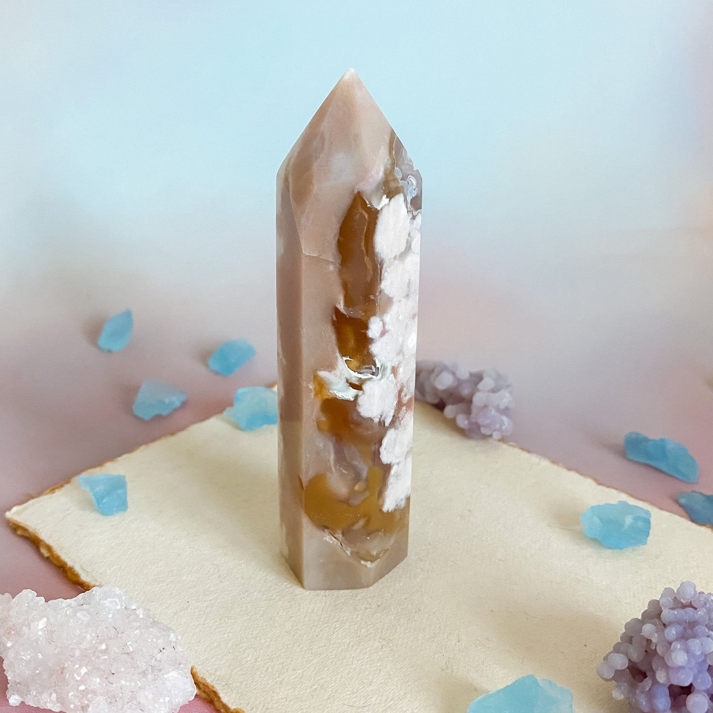 Tan & Amber color Flower Agate tower