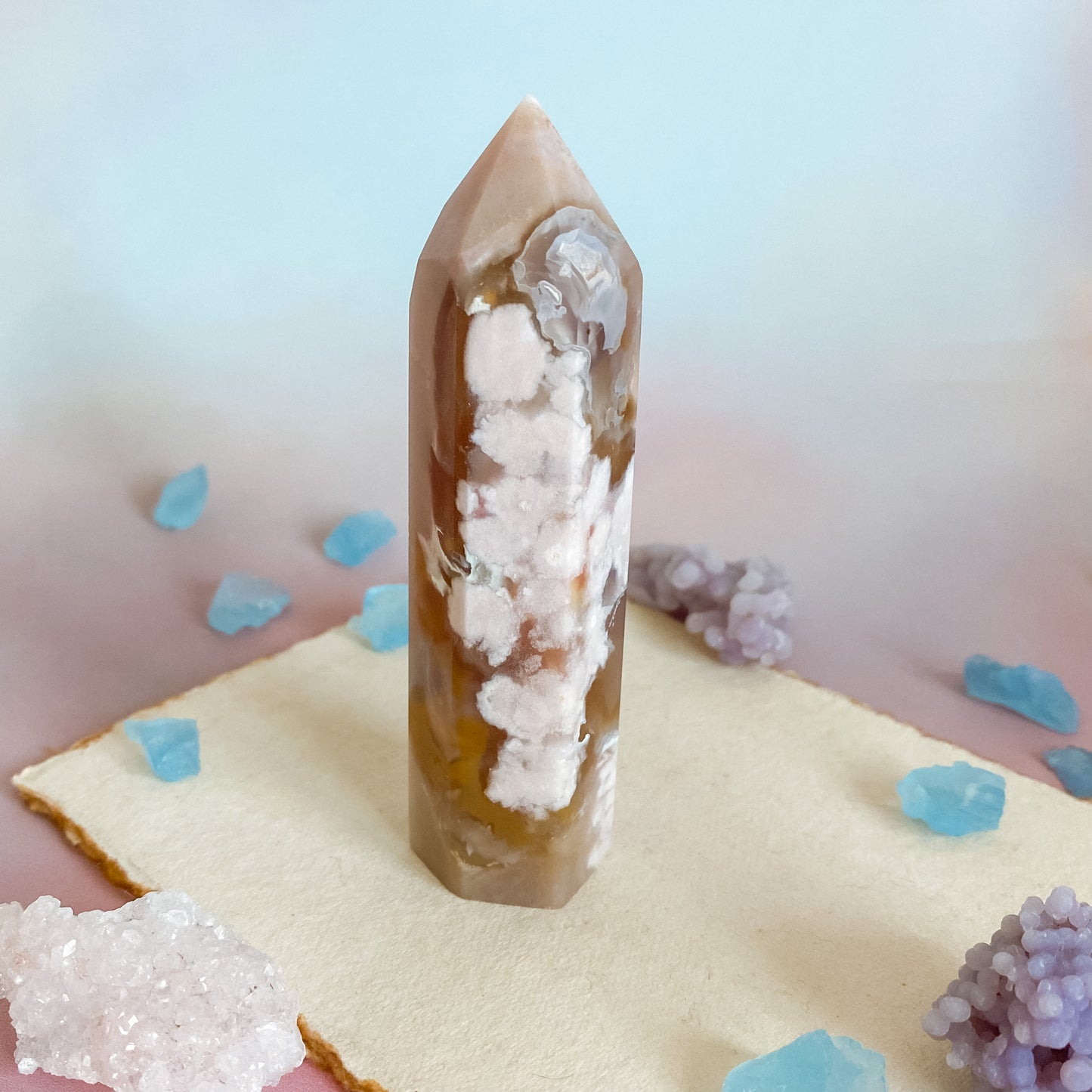 Tan & Amber color Flower Agate tower