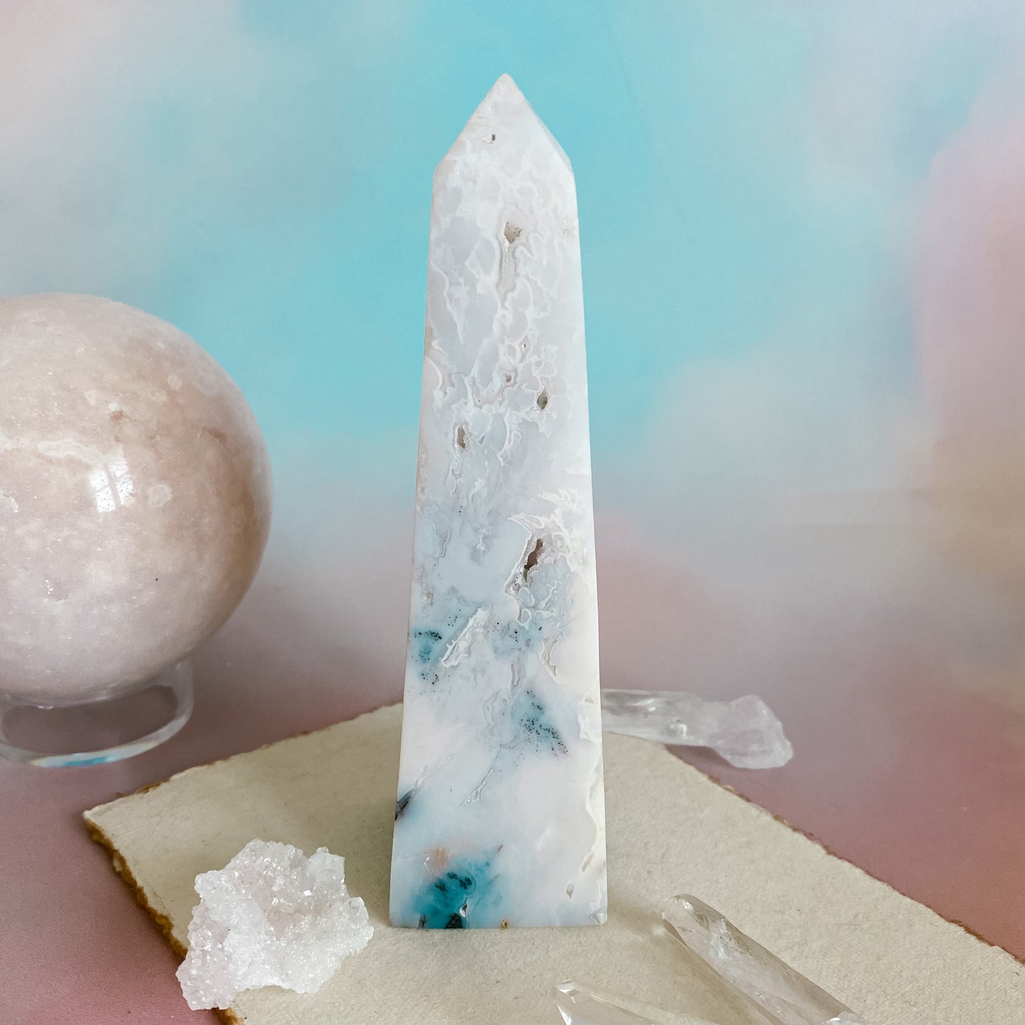 White Snow Agate Obelisk with dendrite inclusions