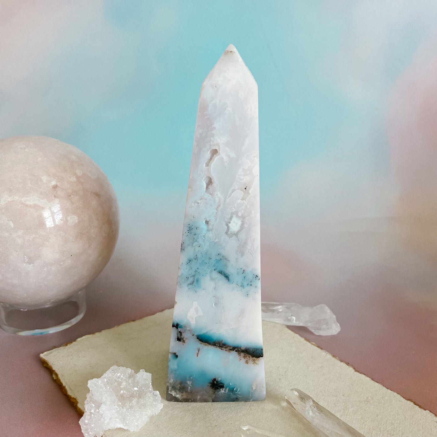 White Snow Agate Obelisk with dendrite inclusions