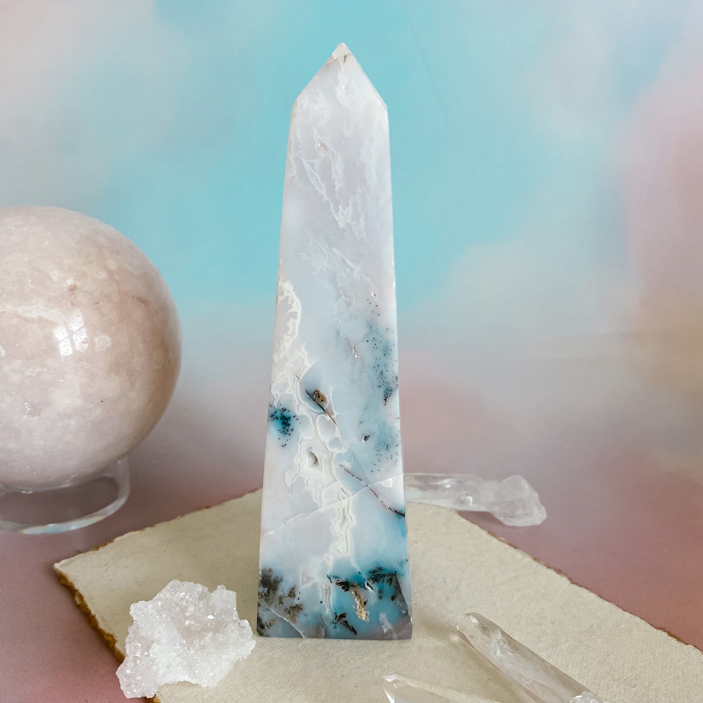 White Snow Agate Obelisk with dendrite inclusions