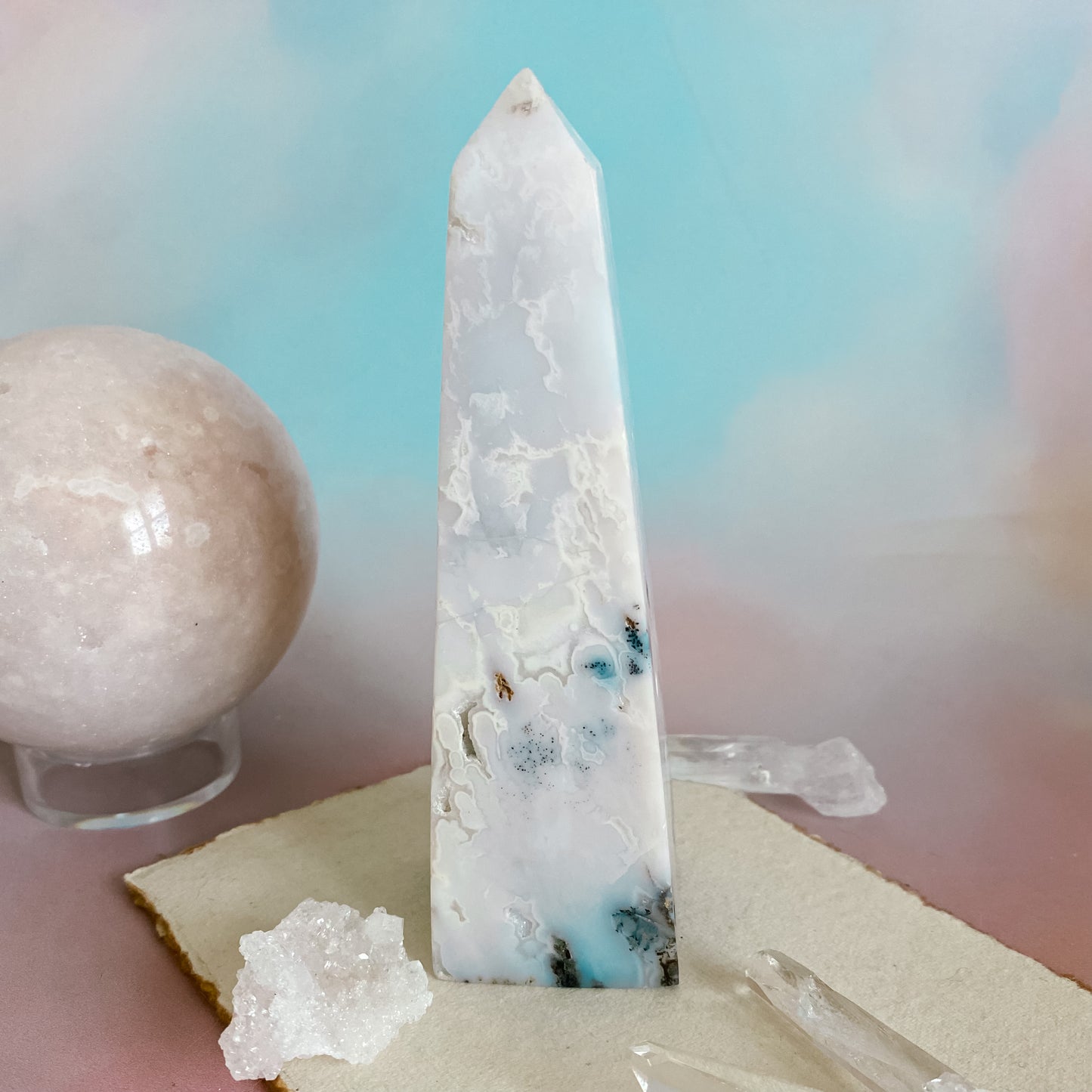 White Snow Agate Obelisk with dendrite inclusions