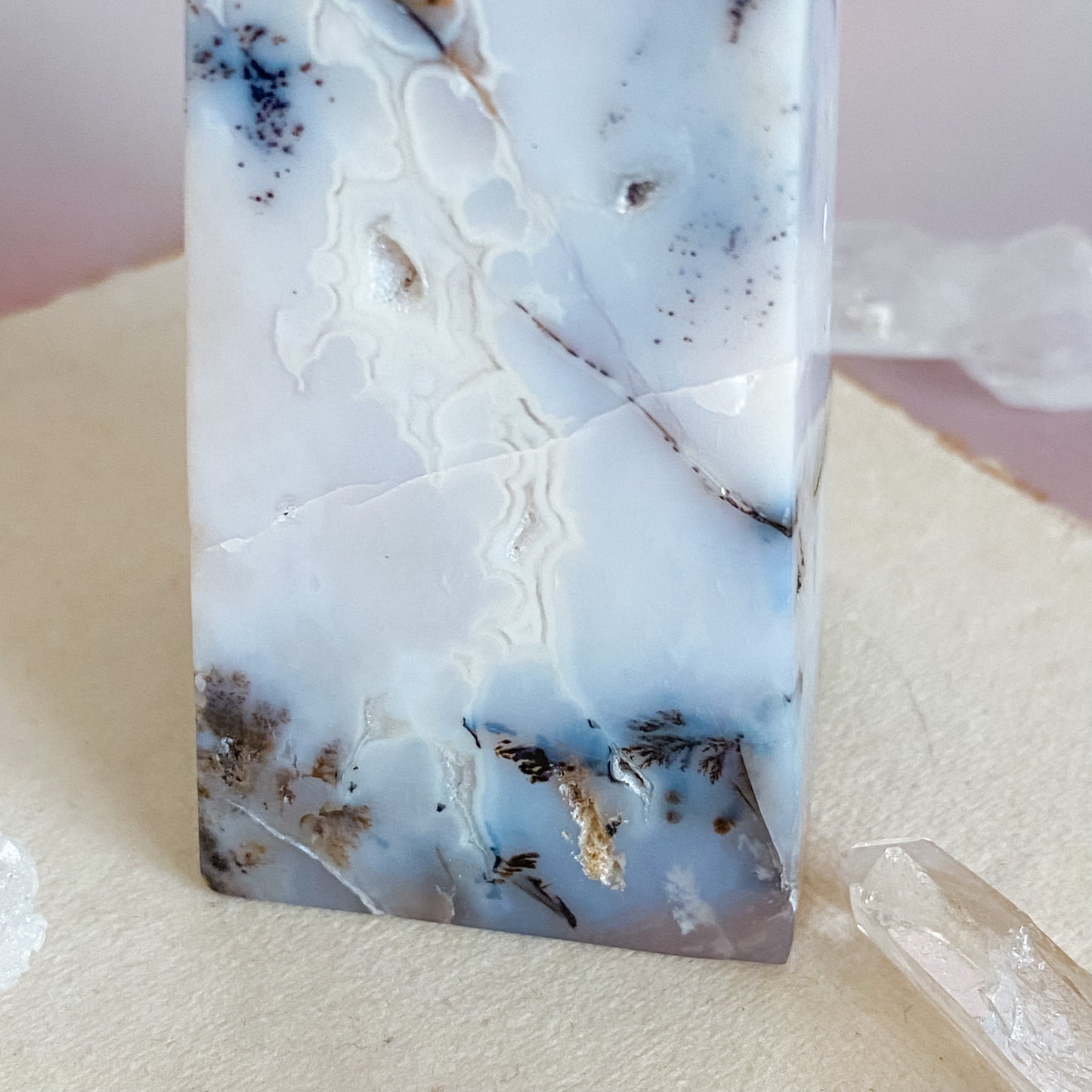 White Snow Agate Obelisk with dendrite inclusions